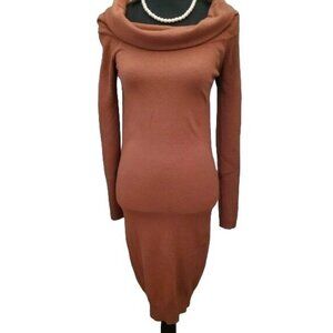 Mak Sweater Shoulder Dress Women Cowl Neck Bodycon Rayon Long Sleeve Rust
